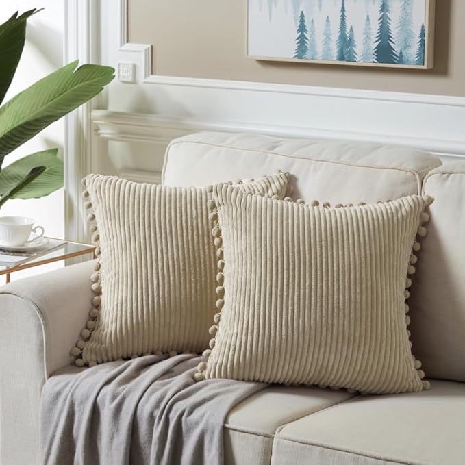 Fancy Homi Pack of 2 Tan Boho Decorative Throw Pillow Covers 18x18 with Pom-poms, Soft Corduroy Solid Square Cushion Cases Set for Living Room Couch Sofa Bedroom Car (18x18 Inch/45x45 cm, Khaki)