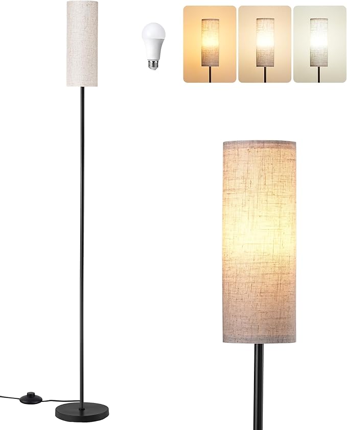 EDISHINE Floor Lamps for Living Room, 63.7in Minimalist Standing Lamp with 9W LED Bulb, 3 Color Temperature, Modern Corner Lamp for Bedroom, Nursery, Office, Foot Pedal Switch, Black