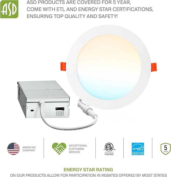 ASD 6 Pack LED Recessed Lighting 6 Inch 15W, 5 CCT 2700K-5000K CRI90+, IC Rated Ultra Thin Dimmable Ceiling Lights with J Box, Canless Wafer Downlight, Round Slim Panel Light, Energy Star ETL, White