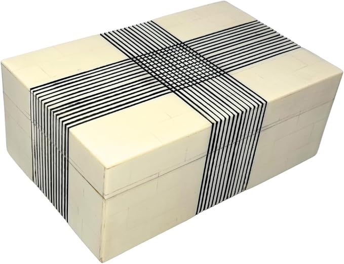 Perilla Home Home Decor Decorative Storage Wooden Box Small Wooden Organizer Tool Stash Card Craft Trinket Memory Keepsake Jewelry Box for Men and Women, Thin Line, Gifts For All Black & Off White