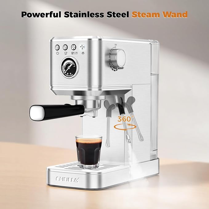 CHULUX Elite Espresso Machine for Latte, Americano and Iced Coffee, Silver | Hot and Iced Espresso, Visible Pressure Gauge, PID Temperature Control, Pre-Infusion Tech, Brushed Stainless Steel Finish