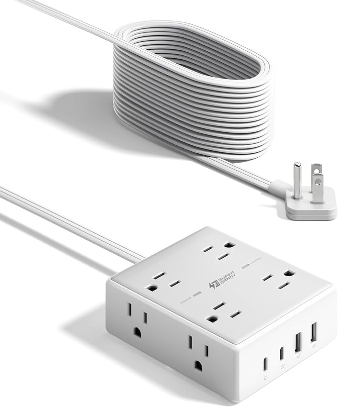 20Ft Long Extension Cord, Flat Plug Power Strip with 8 Outlets & 4 USB Ports (2 USB C), Wall Mountable Surge Protector, Desk Charging Station for Home Office, College Dorm Room Essentials