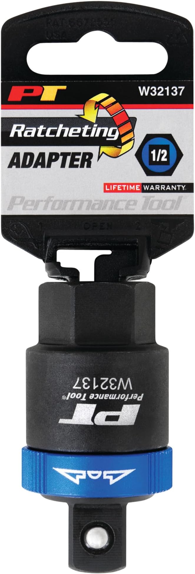 Performance Tool W32137 1/2-Inch Drive Ratcheting Breaker Bar Adapter - Converts Breaker Bar or Sliding T-Handle into Ratchet - Reversible Ratcheting Mechanism with Anodized Switch Collar