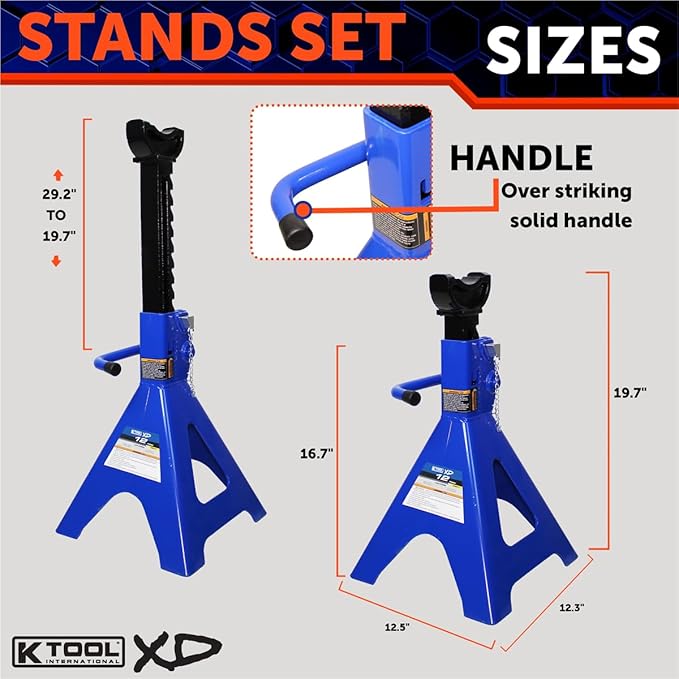 K Tool International XD61211 12 Ton Automotive Jack Stands for Garages, Repair Shops, and DIY, 24,000 lbs. Capacity, Heavy Duty Steel Frame, Adjustable Height 19.7"- 29.2", Black/Blue, Pair