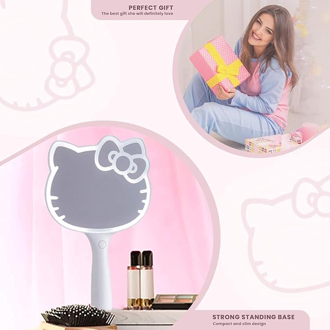 Impressions Vanity Hello Kitty LED Handheld Mirror, Makeup Vanity Mirror with Standing Base and Adjustable Brightness