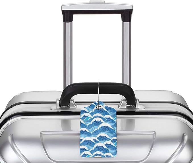 2PC Cartoon Waves Luggage Tag, Cute Blue Sublimation Printed Travel Suitcase Baggage Identifiers Tags for Women Men Kids Honeymoon Wedding Gift