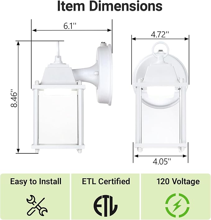 LIT-PaTH Small Outdoor LED Wall Lantern with Dusk to Dawn Photocell, 5000K Daylight White, 9.5W, 800 Lumen, Aluminum Housing Plus Glass, Outdoor Rated, 1-Pack, White