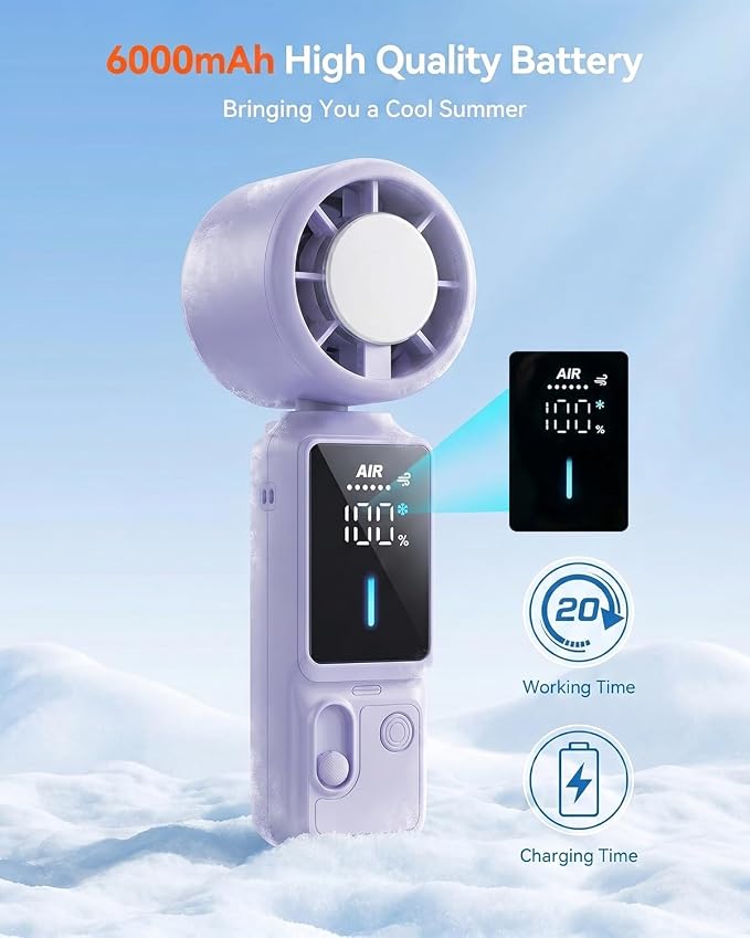 Portable Turbo Fan with Ice Cooling, 7.4m/s High Speed Handheld & Neck Fan, 180° Foldable 4-in-1, Carabiner Clip, 100 Speeds Stepless Control, USB-C Rechargeable, for Travel Makeup Hot Flashes