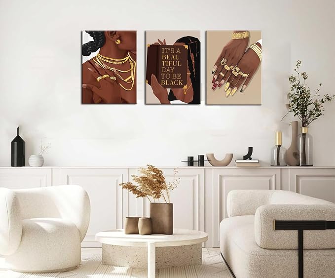 Marllifenney 3 Pcs Black Woman Wall Art Framed Black Girl Posters Abstract African American Canvas Prints Black Women Painting Decor Modern Boho Female Pictures for Bedroom Living Room Office 12x16in