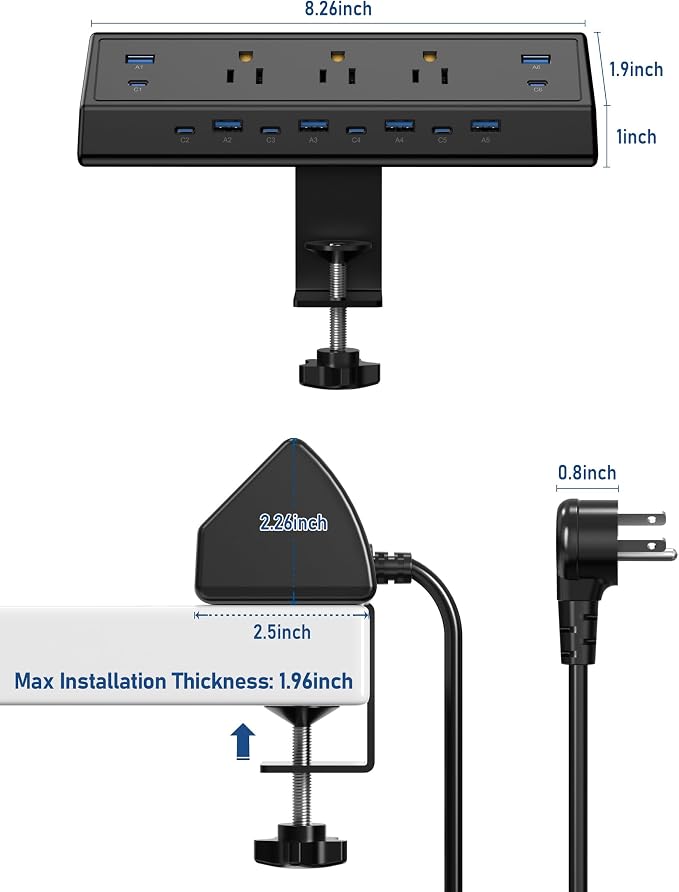 Jgstkcity 130W Desk Clamp Power Strip, 12 USB Ports (6 PD 65W USB-C),Surge Protector,ETL Listed Power Hub Extension Cord,Fast Charging Station for Home Office Desk Edge Mount (Black, 12 USB-130W)