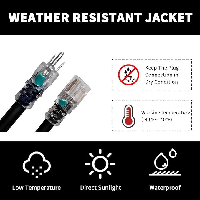 Indoor Outdoor Extension Cord Weatherproof with Lighted End, UL Certified, 16 Gauge 12FT Black 3 Prong Heavy Duty, 16/3 SJTW 13A Power Cord for Outdoor Lights, Lawn