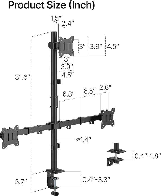 monTEK Triple Monitor Stand for 17-32" Screens, 22 lbs Each | Three-screen desk mount, height adjustment, tilt, swivel, rotation, clamp/grommet bases and VESA 75/100
