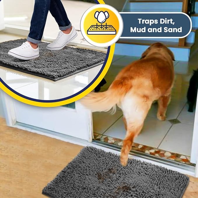 Muddy Mat® | Super Absorbent Door Mat Indoor, Microfiber Quick Dry Chenille Entryway Rug, Non-Slip Front Door Mat, Indoor Mats for Entryway, Machine Washable Pet Rug, Grey 24"x72"