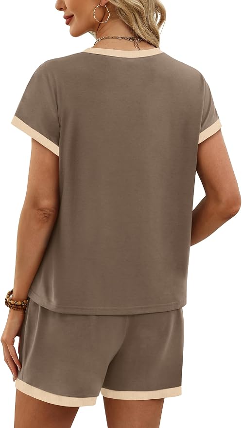 WIHOLL Two Piece Sets for Women Summer Lounge Short Sets Cap Sleeve Crew Neck Sweatsuit with Pocket XS-2XL