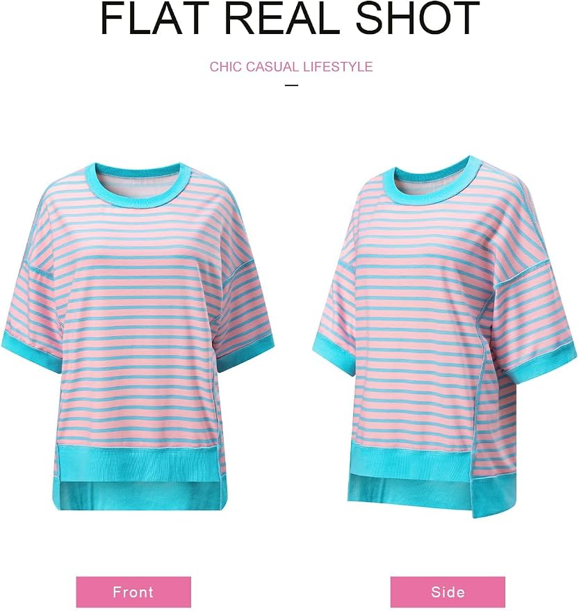 SHEWIN Womens Tops Casual Short Sleeve Sweatshirt Crewneck Striped Shirt Pullover T Shirts Loose Blouses
