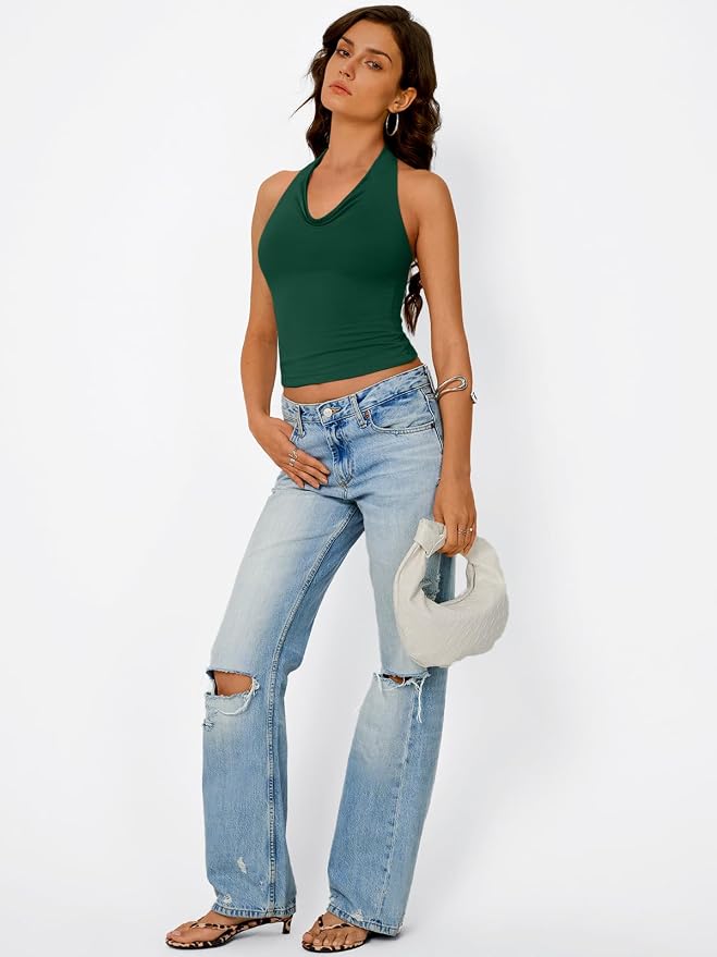 Trendy Queen Halter Tops for Women Going Out Summer Top | Cowl Neck Shirts, Sexy Backless, Fashion Y2K Clothes, Perfect for Party, Club, Vacation, Pair with High-waisted Bottoms