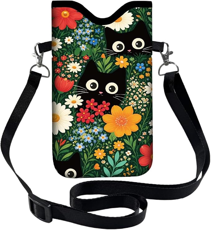 Cat Phone Pouch with Adjustable Strap Neck Lanyard Fits Most Smartphones 7.1 x 3.9 Inch Phone Crossbody Sleeve Black Cat Flower Pattern Neoprene Nylon Cellphone Carrying Case for Women Men