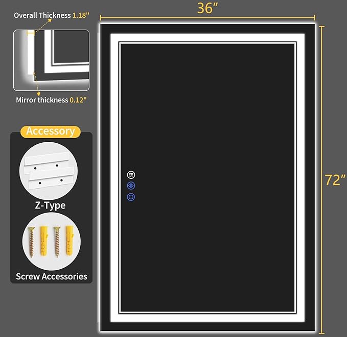 36"x72" LED Bathroom Mirror with Lights, Anti-Fog, Backlit + Front Lit, Dimmable, Led Vanity Mirror for Wall, Lighted Bathroom Mirror, 3 Colors, Shatter-Proof Tempered Glass