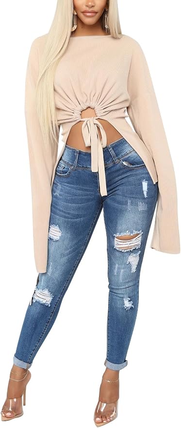 KUNMI Women's Skinny Ripped Trendy Jeans Distressed Stretchy Denim Pants