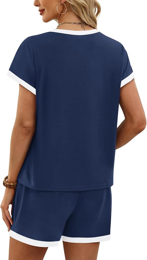 WIHOLL Two Piece Sets for Women Summer Lounge Short Sets Cap Sleeve Crew Neck Sweatsuit with Pocket XS-2XL