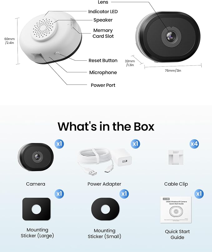 ZOSI C680 2K Window Security Camera with Full Color Night Vision, 3MP Indoor Plug-in WiFi Camera for Home Security, AI Human Vehicle Detection, 2.4/5GHz WiFi, 24/7 Recording, 2 Way Talk, Easy Install