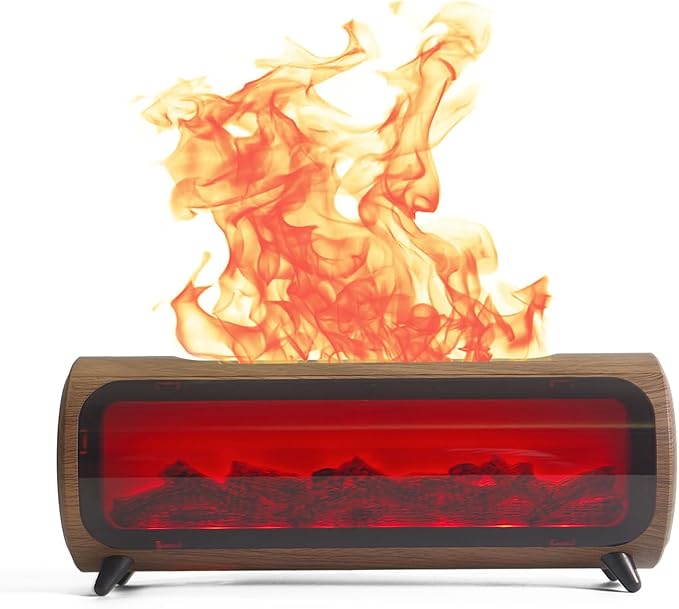 Flame Fireplace Aroma Diffuser-Aromatherapy Essential Oil Diffusion-7 Flame Colors-Noiseless Clean air-Wood Shape-nimi Tabletop Fireplace humidifier for Home Bedroom Office (Wooden Grain)