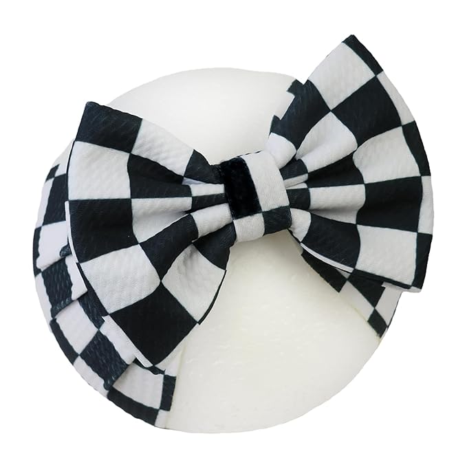 Racing Checkered Flag Baby Girls Headbands, Black Flag Printed Big Bows for Baby Girls Elastic White Racing Fan Pigtail Wide Hairbands for Baby Girl Newborn Infant