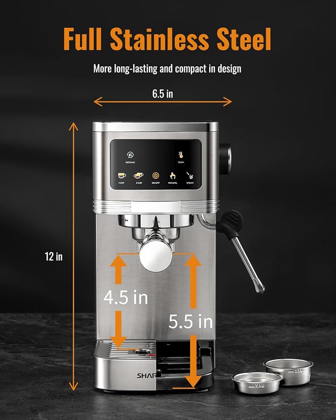 SHARDOR Espresso Machine 20 Bar, Professional Espresso Machine with Milk Frother and Touchscreen, Expresso Coffee Machines with Adjustable Temperature,for Cappuccino, Latte, Stainless Steel, Silver
