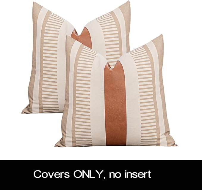 2 Pack 18x18 Inch Pillow Covers - Brown Faux Leather & Tan Stripe Print Soft Canvas Splicing, Same Pattern Both Sides | for Sofa Couch Bed Living Room, Farmhouse Industrial Minimalist Decor