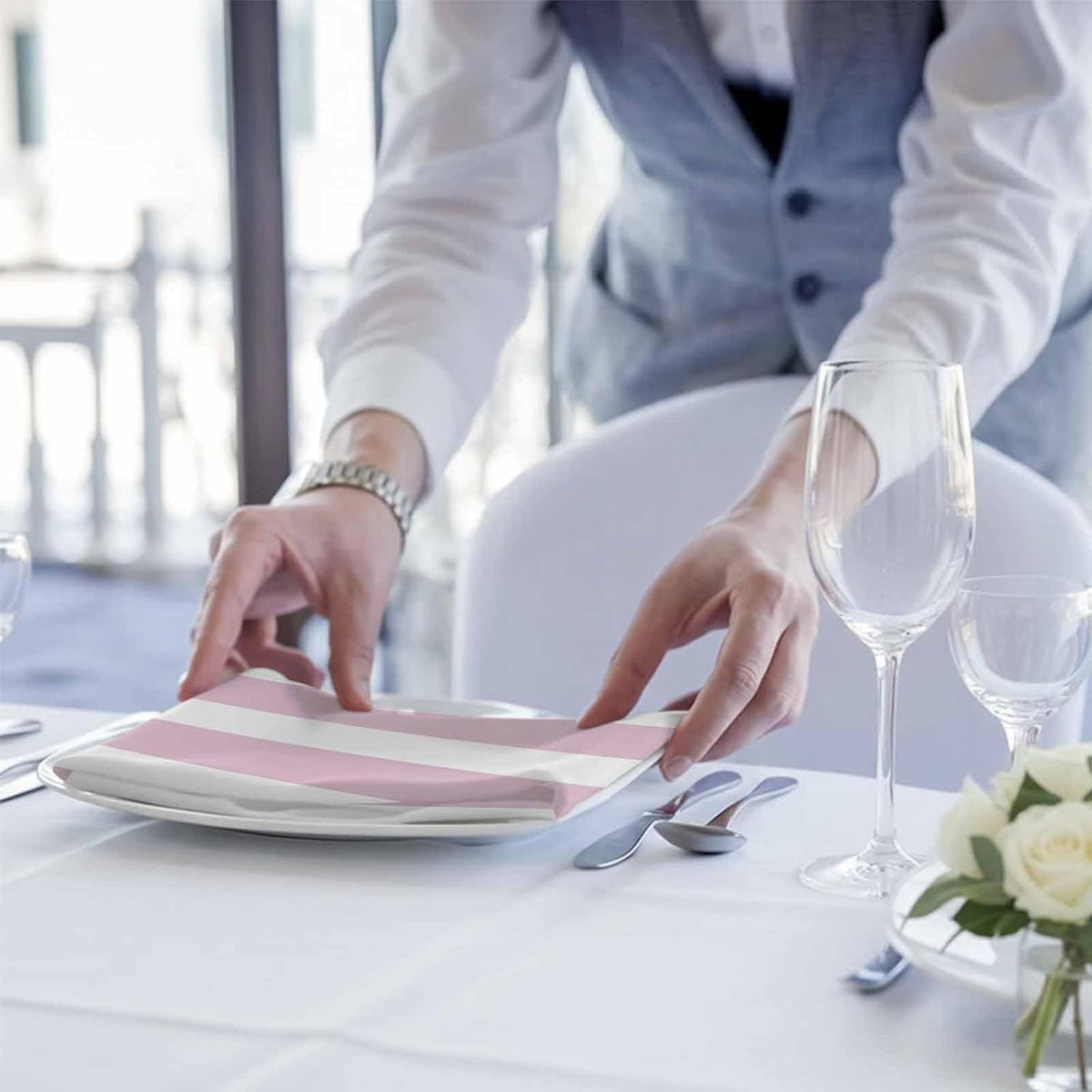 Cloth Napkins Set of 4, Modern Striped Lines Dinner Napkins Soft Absorbent Table Napkin for Home Cocktail Party Wedding, Pink and White