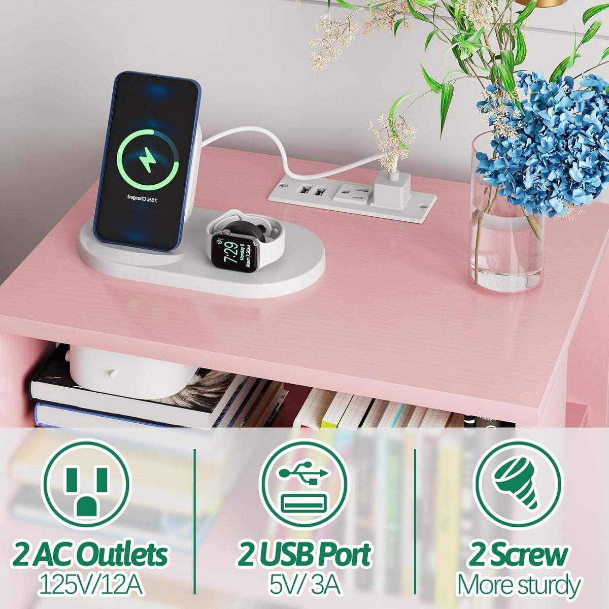Night Stand with Charging Station, Pink Kids Nightstand with Drawer, 2-Tier Nursery Bedside Table with USB Ports and Outlets, End Table for Small Space, Living Room, Bedroom