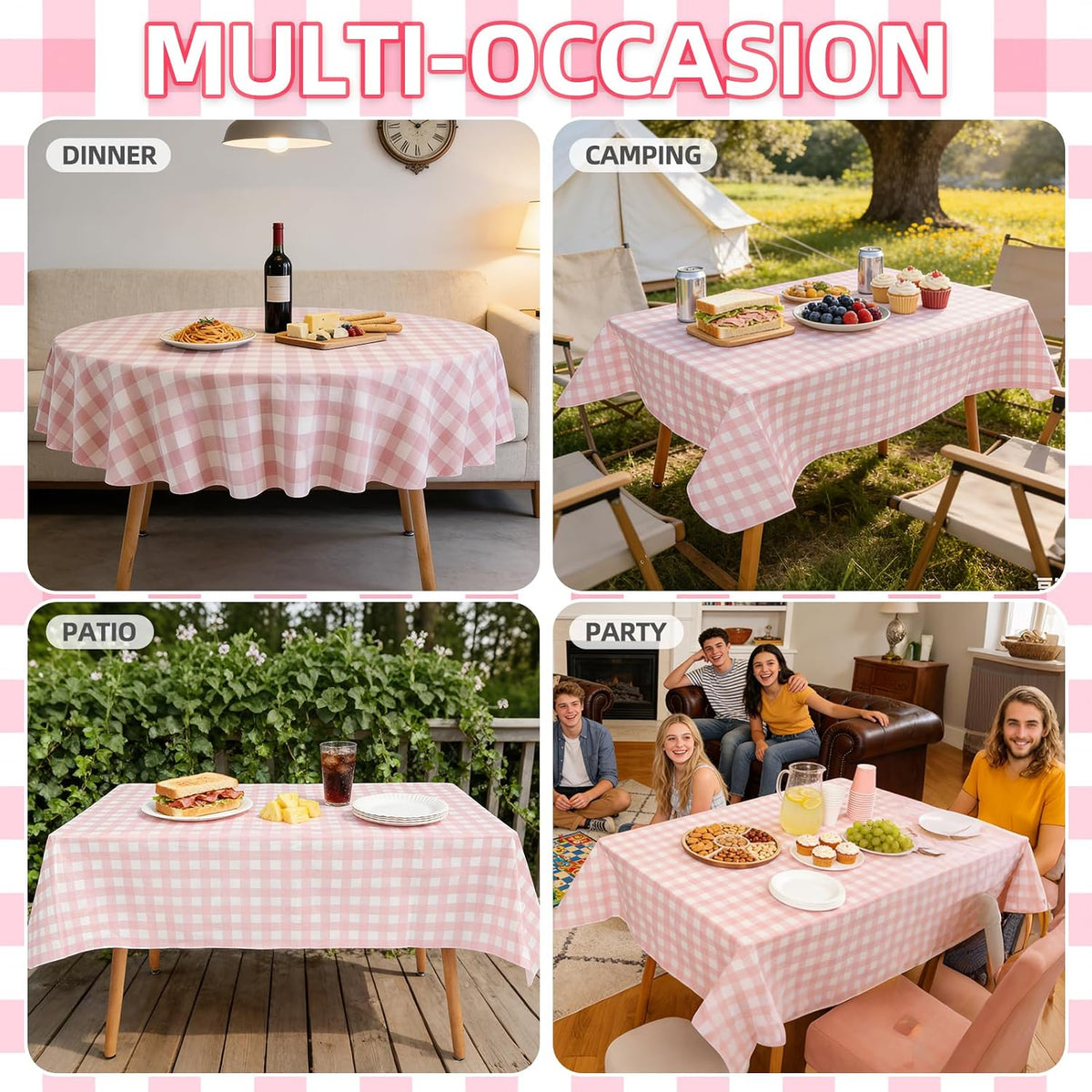 Gingham Vinyl Tablecloth with Flannel Backing for Rectangle Tables Outdoor, 60x84 Inch PEVA Waterproof Plastic Oilcloth, Wipeable Reusable Checkered Cover for Camping,Patio,Picnic,Kitchen, Pink Plaid