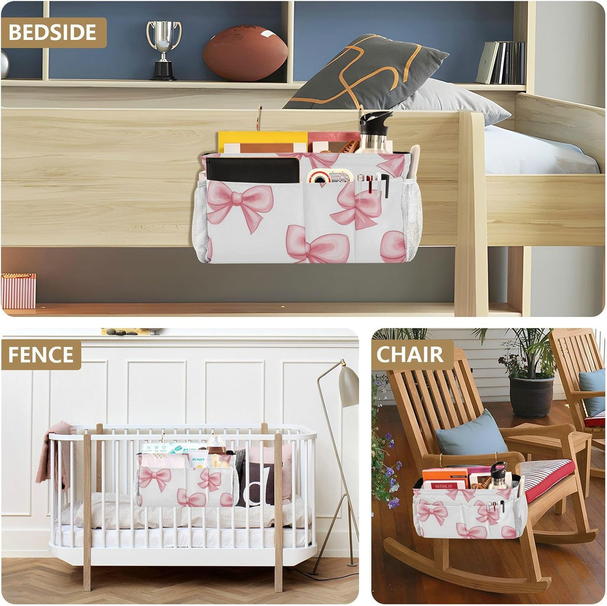 Pink Bow Seamless Bedside Caddy Bedside Organizer Bedside Storage Caddy College Dorm Bed Accessories