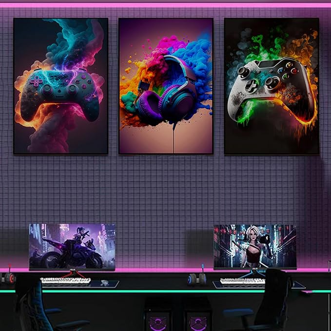 BGFCE Gaming Room Decor Wall Art, Video Theme Canvas Posters for Teen Boys Room, Unframed 16x24in Set of 3