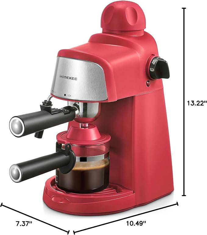 Ihomekee Espresso Machine, 3.5Bar Espresso and Cappuccino Machine | Preheating Function, 4 Cup Coffee Maker with Milk Frothing Function and Steam Wand (Red)