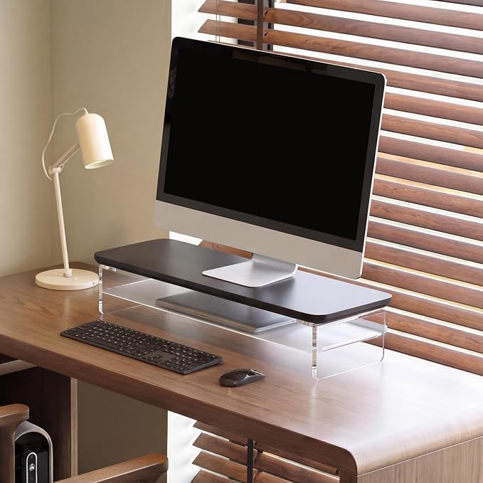 Fenge 23.6" Monitor Stand with Clear Acrylic Legs, Black | Clear acrylic, storage compartment, 2-tier home office monitor riser, wide large desktop shelf fit monitor/laptop/printer