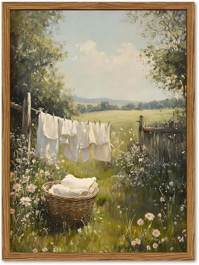 Framed Vintage Laundry Room Wall Art, Farmhouse Landscape Wildflower Pictures Wall Decor, Cottagecore Country Nature Paintings Canvas Prints Home Decor Aesthetic for Bathroom Living Room 12x16 inch