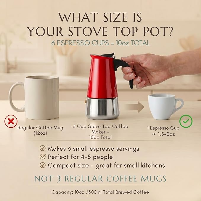 Mixpresso 6 Cup Greca Moka Pot Red Stainless Steel Stovetop Espresso Maker | 300ml/10oz Italian stovetop coffee maker with classic percolator design, ideal for preparing coffee at home or while camping