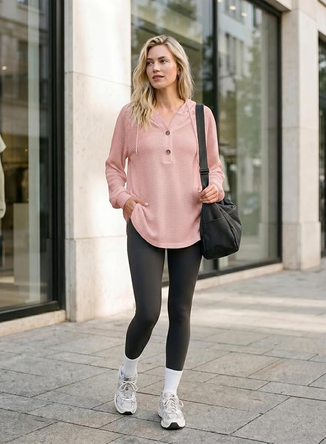 Dokotoo Hoodies for Women Waffle Knit Long Sleeve Drawstring Button V Neck Casual Sweatshirt Hooded Tops Fashion Clothing