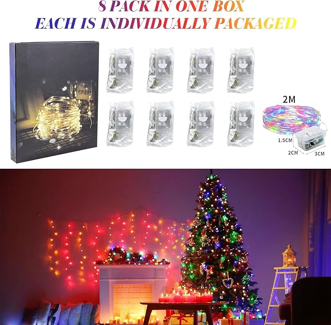 ZGWJ 8 Pack Fairy Lights Battery Operated, 7ft 20 Mini LED Fairy String Lights Silver Wire 3 Modes for DIY, Parties, Wedding, Bedroom, Halloween Christmas Decoration Multicolor