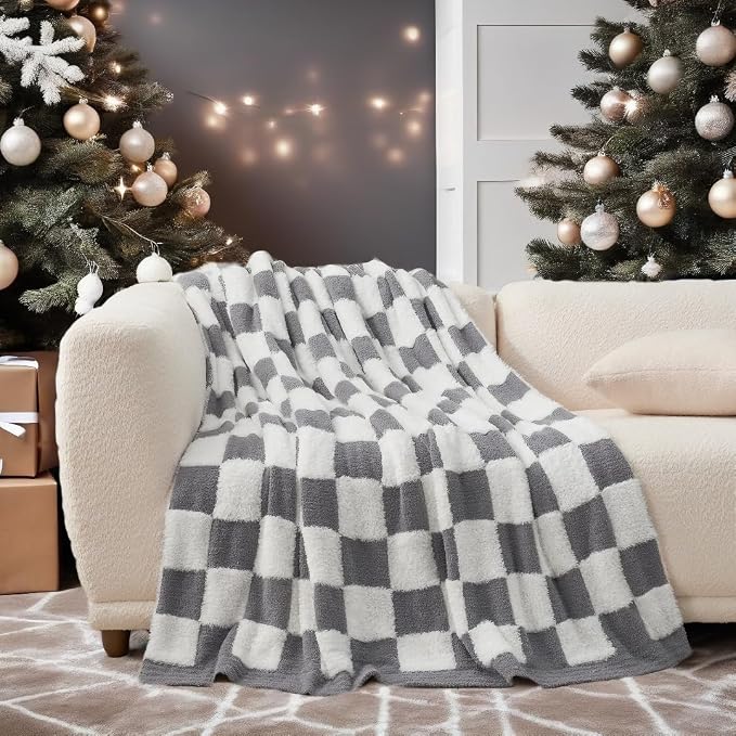 Snuggle Sac Faux Fur Checkered Blanket Twin Size with Soft Knitted Microfiber Fabric,Cozy Soft Warm Blanket for Sofa Bedroom Living Room,Grey Checker,60x80 inches
