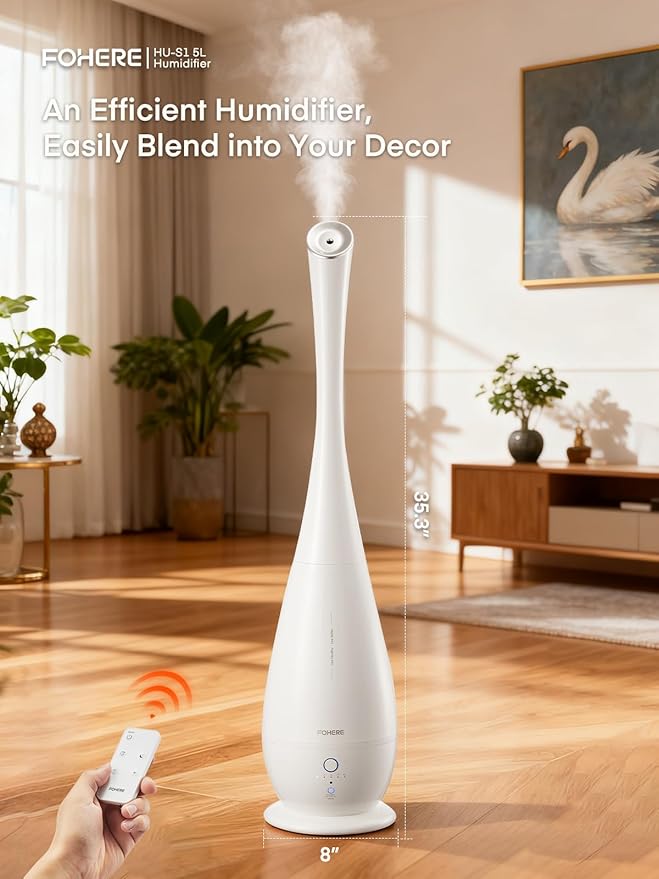 FOHERE Humidifiers for Bedroom Large Room, 5L Cool Mist Quiet Humidifier 48H Long Last for Indoor Plant, Baby, Home, Office with Humidity Sensor, Aroma Box, 3 Speed Settings, White