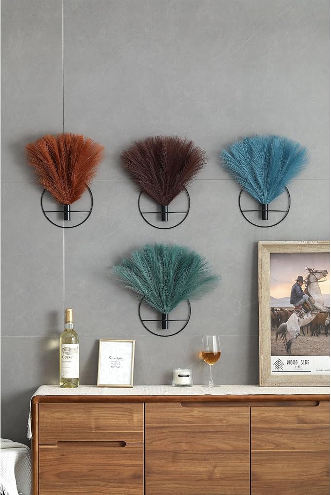 Pretty Jolly Boho Wall Decor, Wall-Mounted Metal Wall Decor, Hanging Artificial Pampas Display, Wall Art Living Room, Bedroom, Bathroom, Dining room,Plant Wall Decor 2 Pack,Black Ring