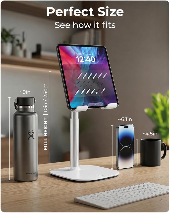 COOPER TabHolder, 7-10" Height Adjustable Tablet Stand, Premium iPad Stand for Desk, 270° Tilt iPad Holder, Kindle Holder, 15.6-17" Portable Monitor Support (White)