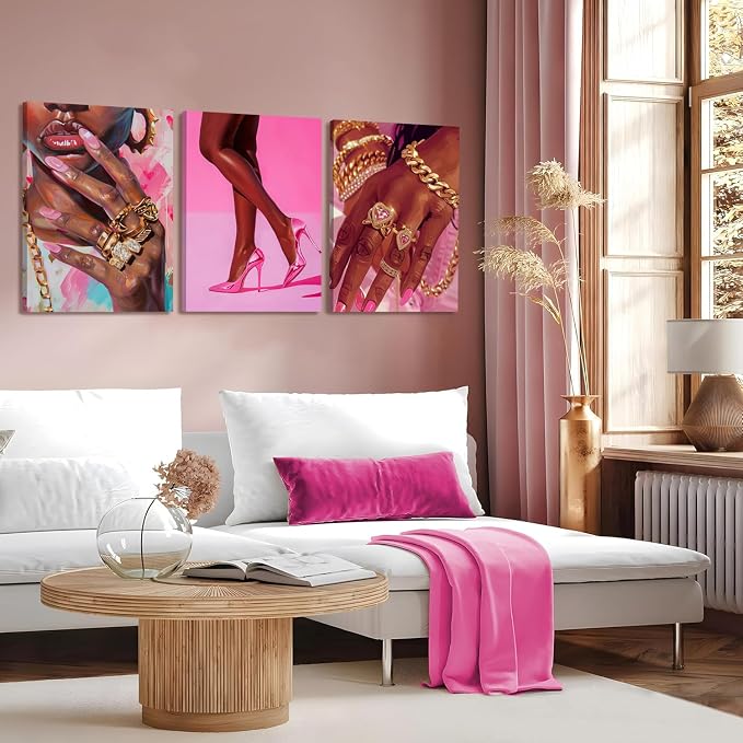 Black Girl Wall Art Set of 3 Pink Fashion Black Woman Canvas Wall Decor Pictures African American Women Paintings Home Decor Posters Prints for Living Room Bedroom Bathroom 16x24Inch Framed