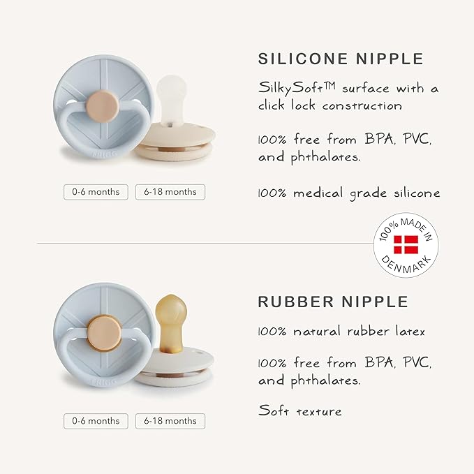 FRIGG Little Viking SilkySoft Silicone Baby Pacifier 2-Pack | Made in Denmark | BPA-Free (Cocoa/Cream, 6-18 Months)