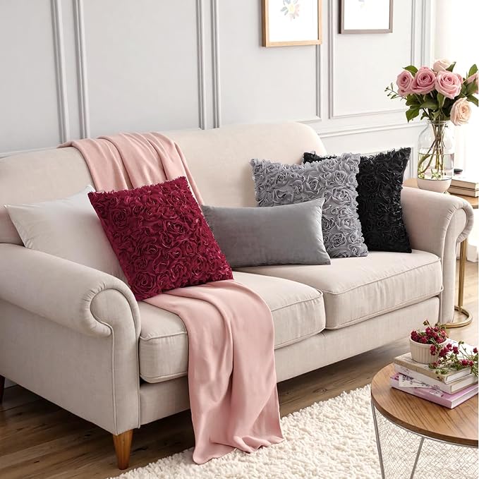 MIULEE Decorative Rose Flower Pillow Cover Pack of 1 Grey 16x16 Inch | Cute Romantic Stereo Chiffon Throw Pillow Cover Aesthetic Solid Pillowcase for Girl Coquette Room Decor Coach Bedroom