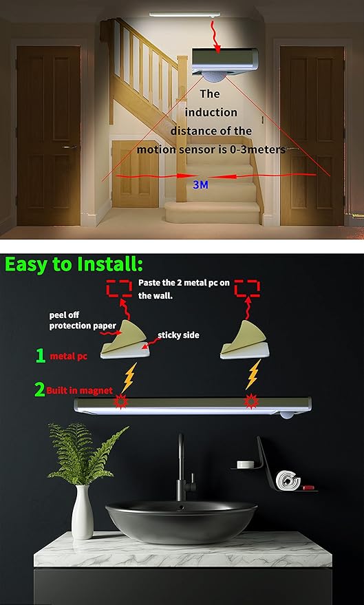 Under Cabinet Lights Wireless Motion Sensor Activated Under Counter for Kitchen Indoor Closet Undercabinet Pantry Stair Led Light Rechargeable Battery Powered Operated Sensored