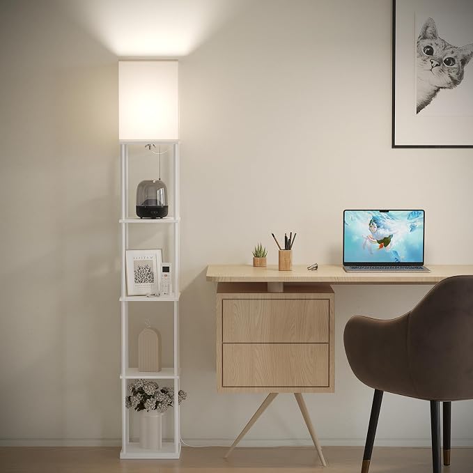 SUNMORY 5 Tier Floor Lamp with Shelves, Modern Square Standing Lamp with 3 Color Temperature Bulb, Corner Display Bookshelf Lamp for Living Room and Bedroom, Tall Shelf Floor Lamp White