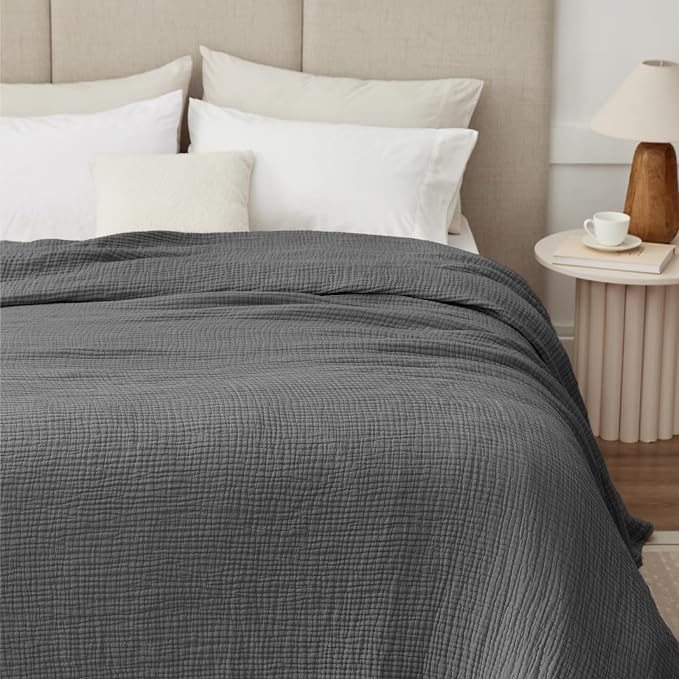100% Cotton Muslin Blanket Twin 60" x 80", Breathable and Lightweight Cotton Twin Blankets for Couch, Soft Cooling Summer Gauze Blanket for Adults All Season, Dark Grey